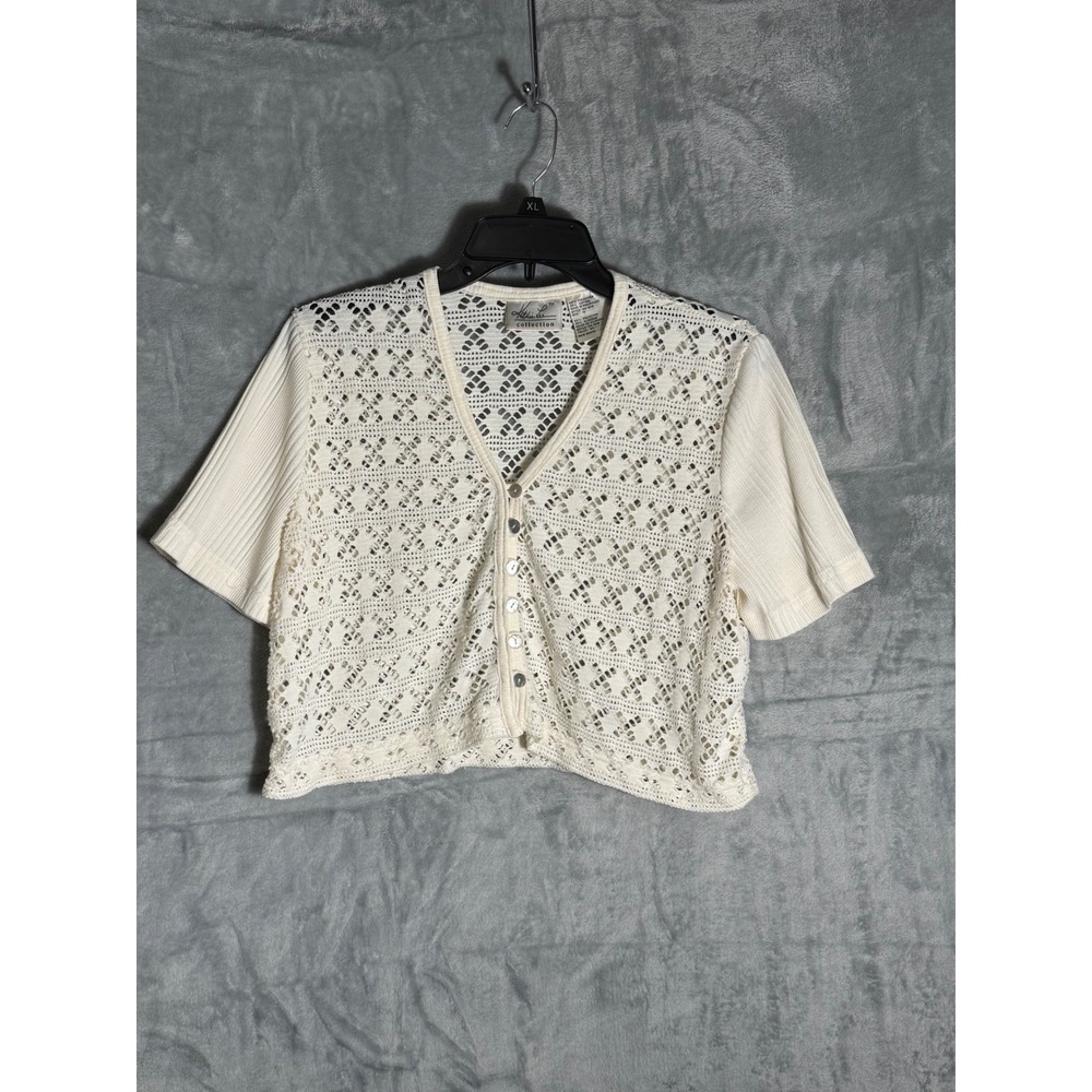 Kathie Lee Collection Cream Crochet‎ Knit Short Sleeve Cardigan Vintage Sz 10